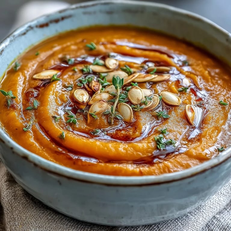 Steaming pot of Easy Roasted Butternut Squash Soup with a swirl of cream on top.