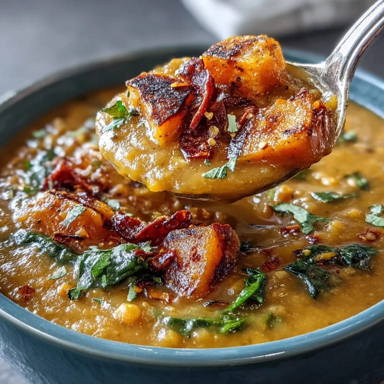 Golden roasted butternut squash cubes and red lentils simmered into a velvety vegan soup. 