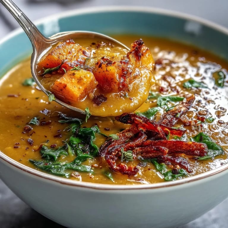 Homemade Butternut Squash and Lentil Soup served warm beside rustic bread for dipping.