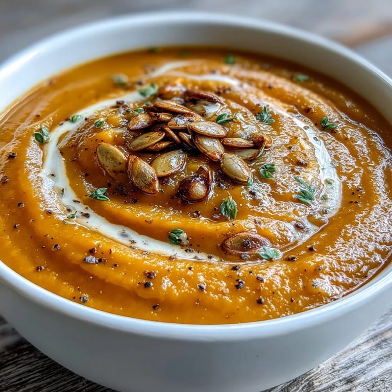 Freshly blended Roasted Broccoli and Butternut Squash Soup served with toasted pumpkin seeds on top