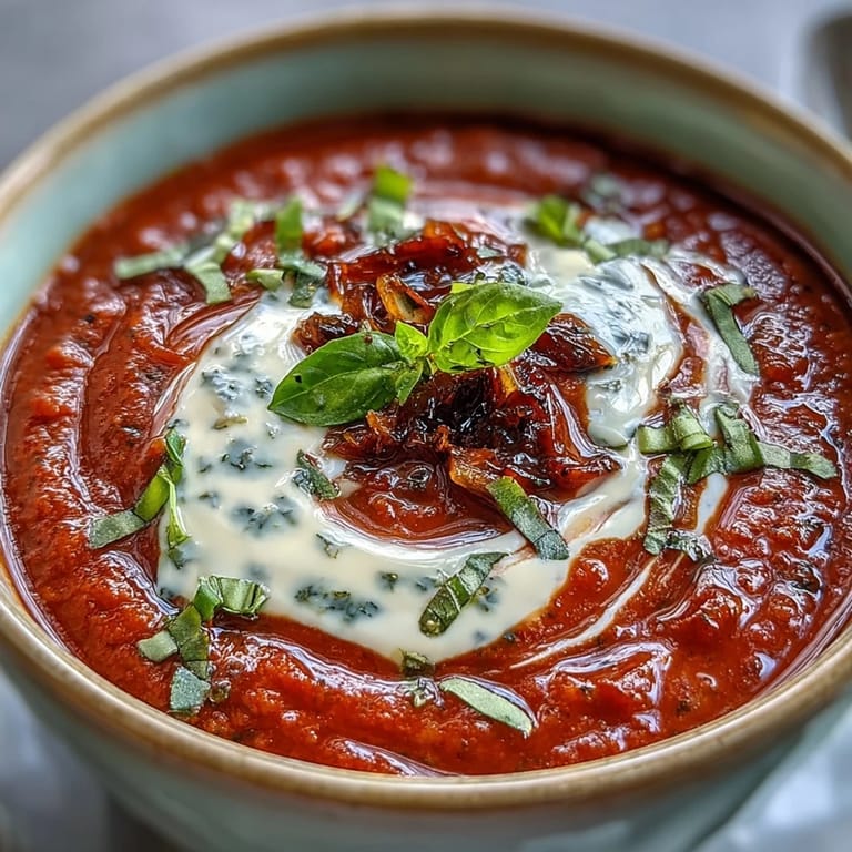 Close-up on caramelized Roasted Tomato Basil Soup in a rustic mug, highlighting the silky, rich red texture.
