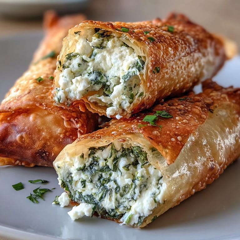 Plated Mediterranean appetizer featuring Spanakopita Spring Rolls with lemon wedges, showcasing a crispy texture and savory spinach and herb filling.