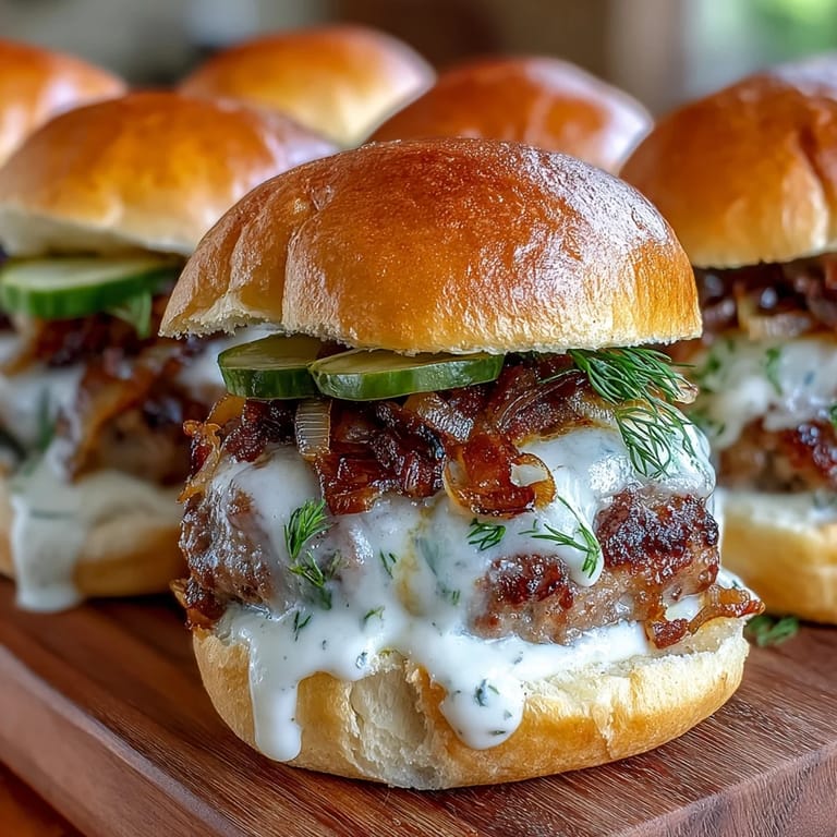Freshly baked Touchdown Brat Sliders with melted cheddar, dill pickles, and soft sesame seed buns on a rustic board.