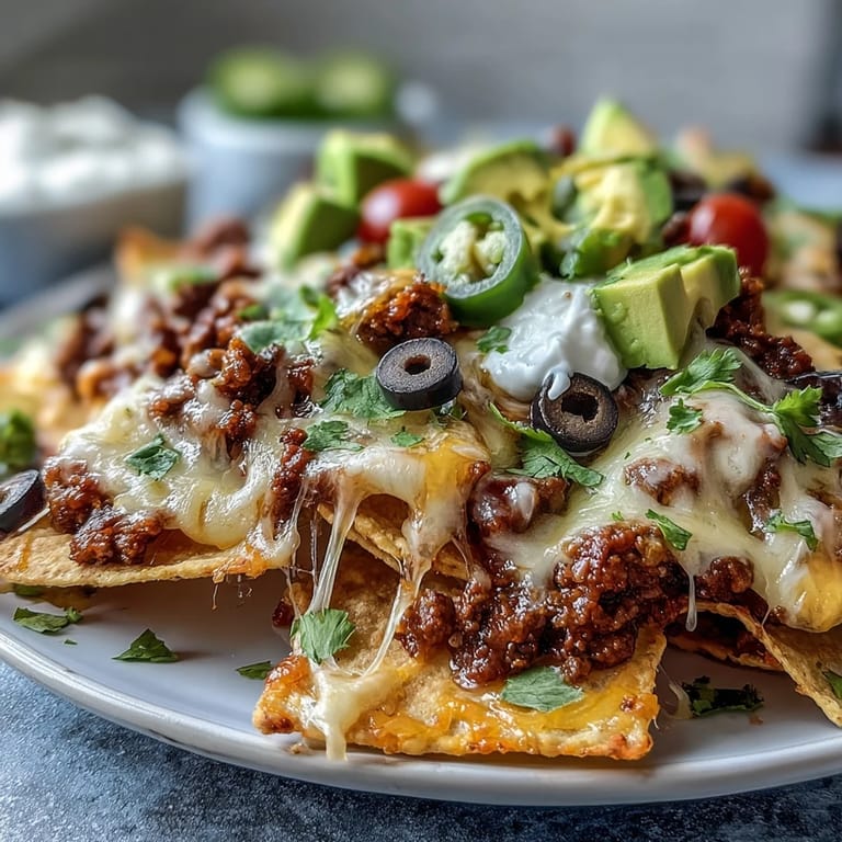 Classic Tex-Mex loaded nachos fresh from the oven, featuring savory beef, melty cheese, black beans, and vibrant jalapeños for a perfect party snack.