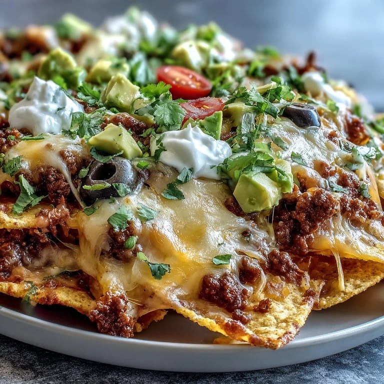 A close-up of irresistible baked nachos, revealing golden cheese, seasoned ground beef, and fresh avocado, ideal for a game-day spread or easy weeknight dinner.