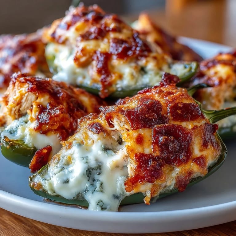 A close-up of Buffalo Wing Poppers on a platter, drizzled with extra tangy sauce and topped with fresh chives for serving.  