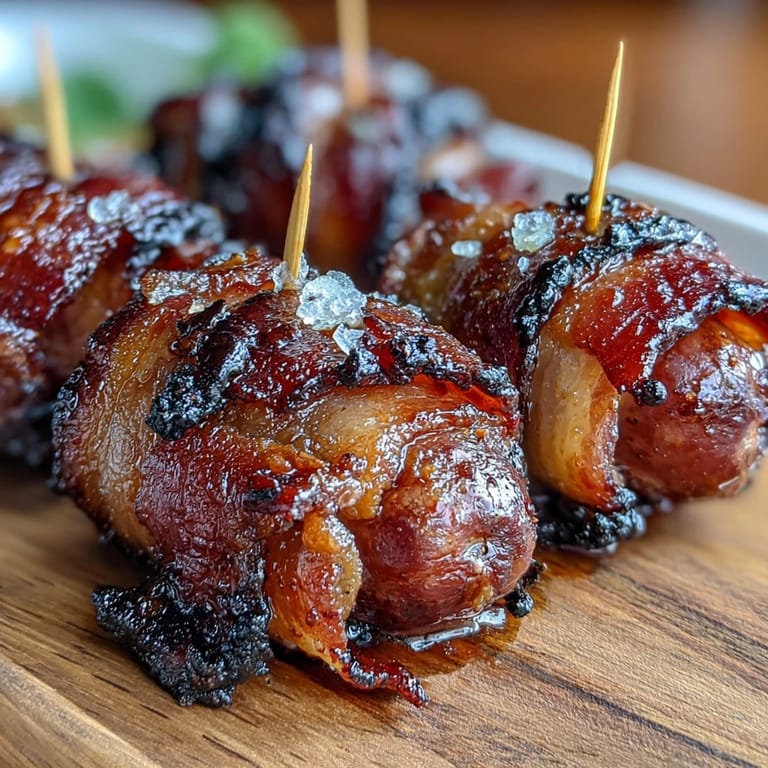 Appetizer platter of Bacon-Wrapped Smokies, garnished with parsley and served with toothpicks for parties.