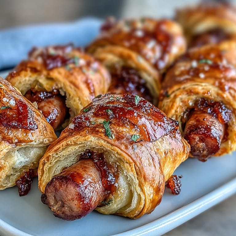 Freshly baked Pepper Jelly Hogs in a Blanket, garnished with chopped chives, ready for a party appetizer spread.