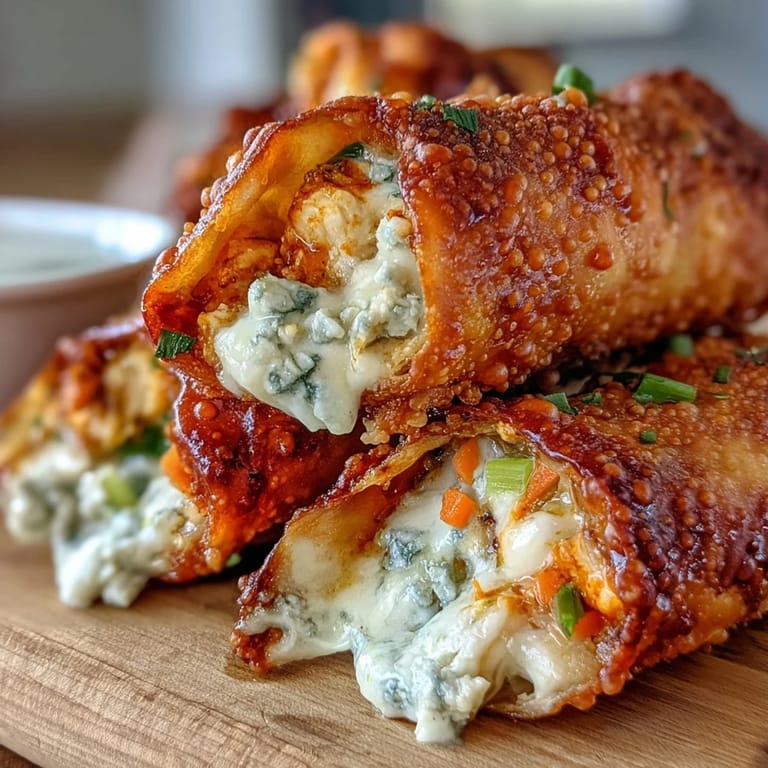 A basket of crispy Buffalo Chicken Egg rolls, garnished with green onions, paired with celery sticks for a classic appetizer.