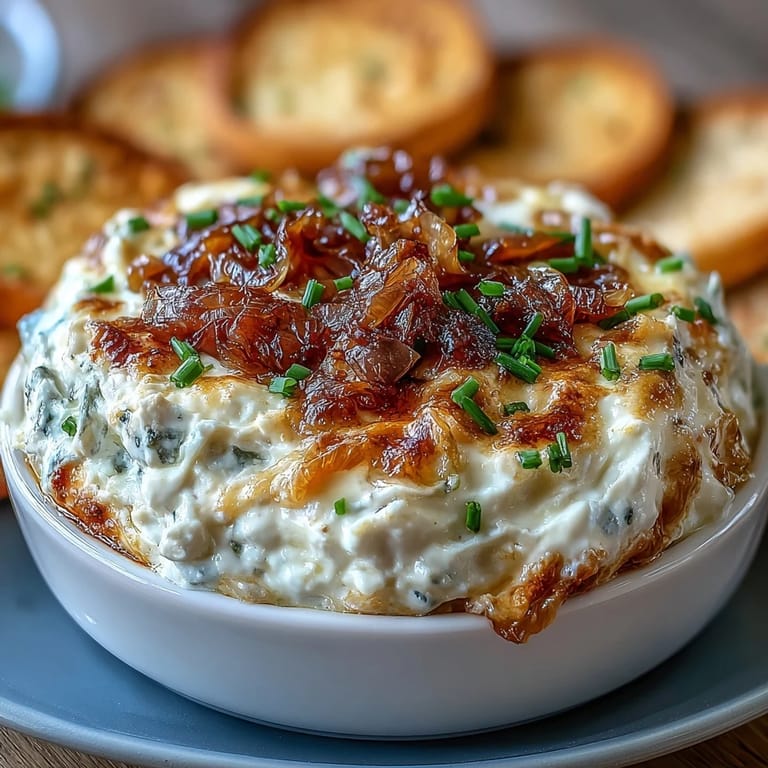 A scoop of warm Smoked Gouda & Onion Dip lifted onto a chip, showing its gooey, cheesy texture.