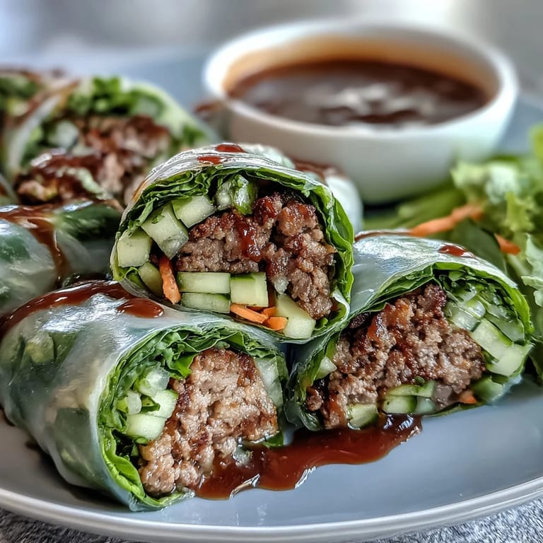 Thai Basil Beef Rolls plated with fresh herbs and cucumber, served with a tangy, spicy dipping sauce for lunch.