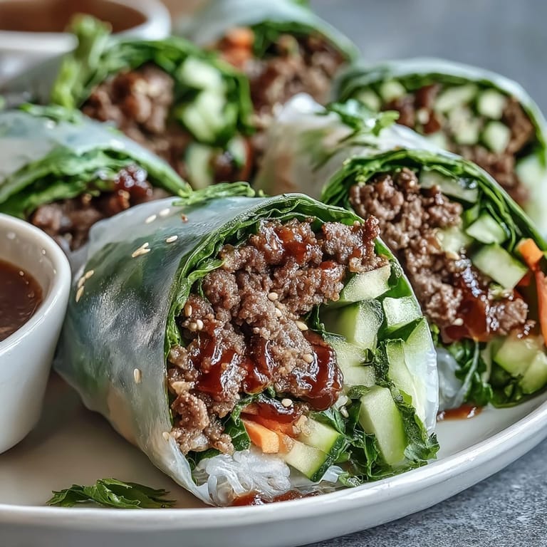 Overhead view of fresh Thai Basil Beef Rolls arranged on a plate, showcasing colorful vegetables and savory beef filling.