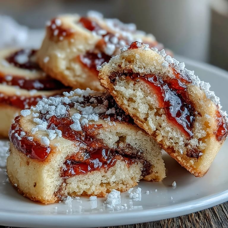 Close-up of Raspberry Swirl Shortbread Cookies highlights the buttery texture and tangy, bubbly raspberry jam filling.