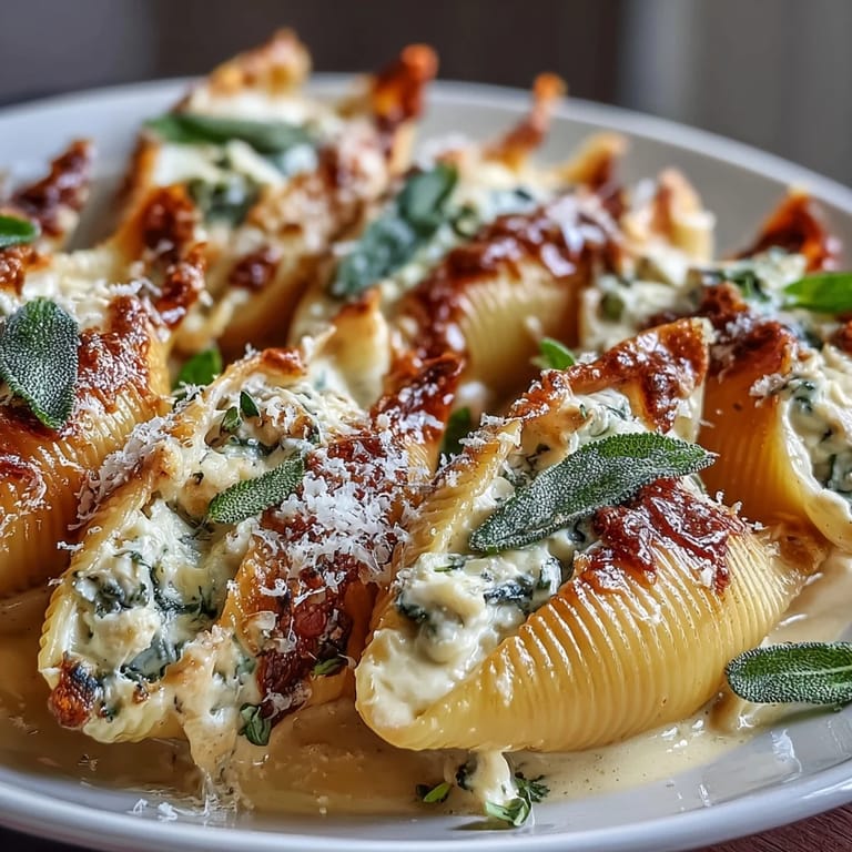 Creamy Pumpkin & Gouda Stuffed Shells are plated with a forkful of cheesy filling and brown butter Alfredo sauce.