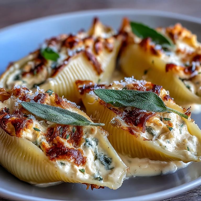 Overhead view shows golden-brown Pumpkin & Gouda Stuffed Shells in a baking dish garnished with crispy fried sage leaves.