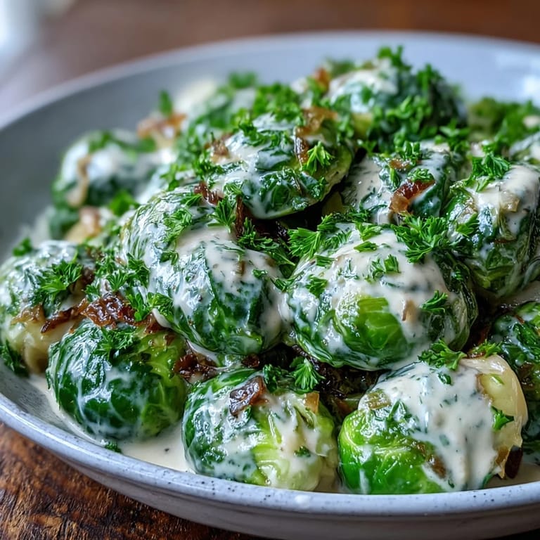Freshly cooked Brussels sprouts tossed in a rich cream cheese mustard sauce, perfect alongside roasted chicken or steak for dinner.