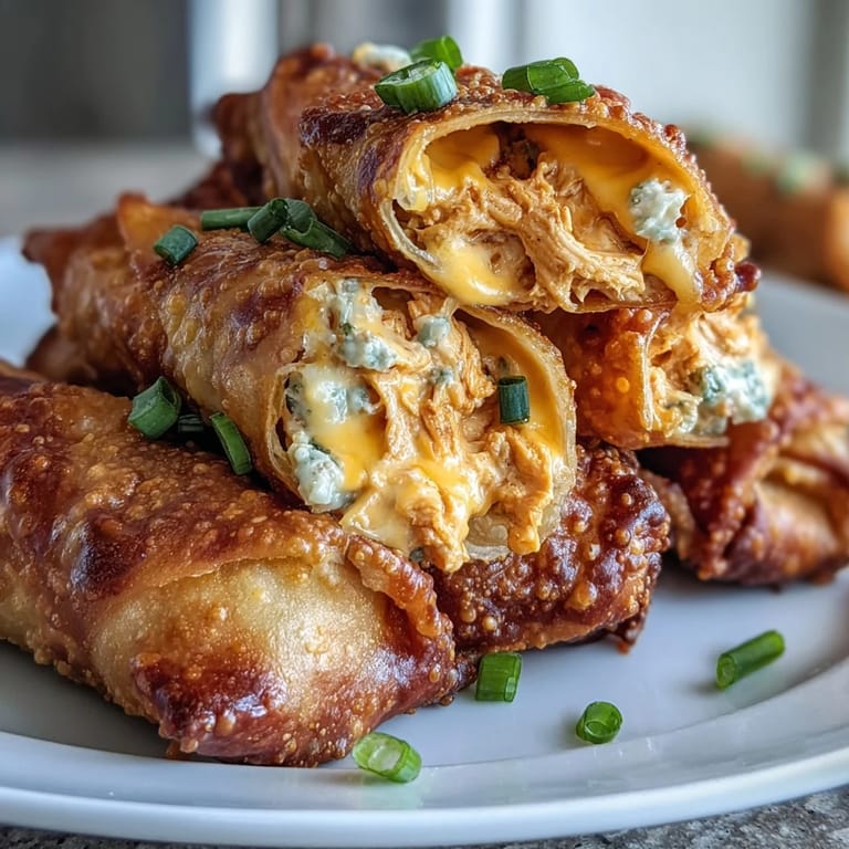 Golden-baked Buffalo Chicken Dip Egg Rolls cut open to reveal melty cheddar, chicken, and zesty green onions.