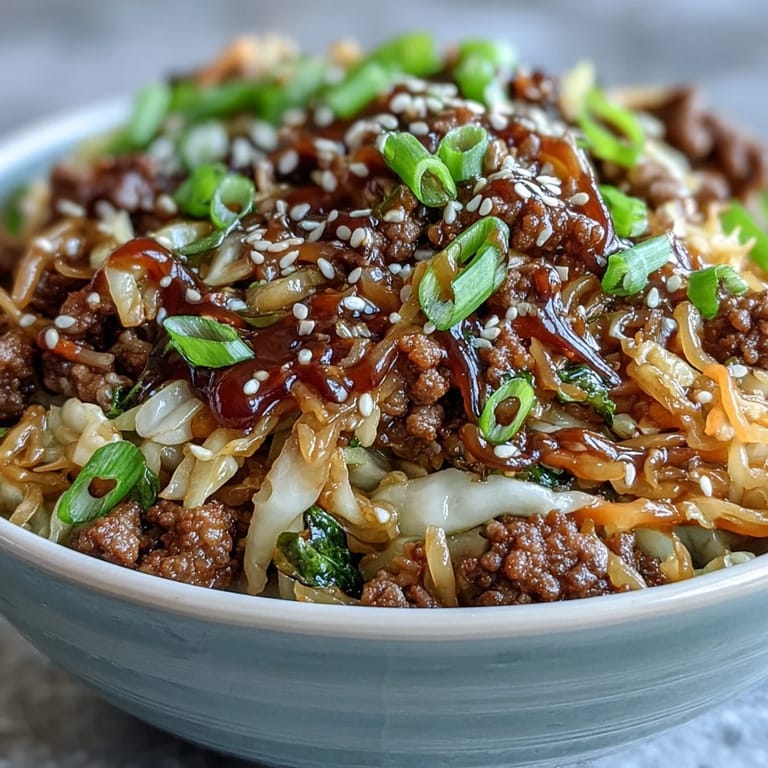 Finished with green onions and sesame seeds, this low-carb Egg Roll in a Bowl is served steaming hot.