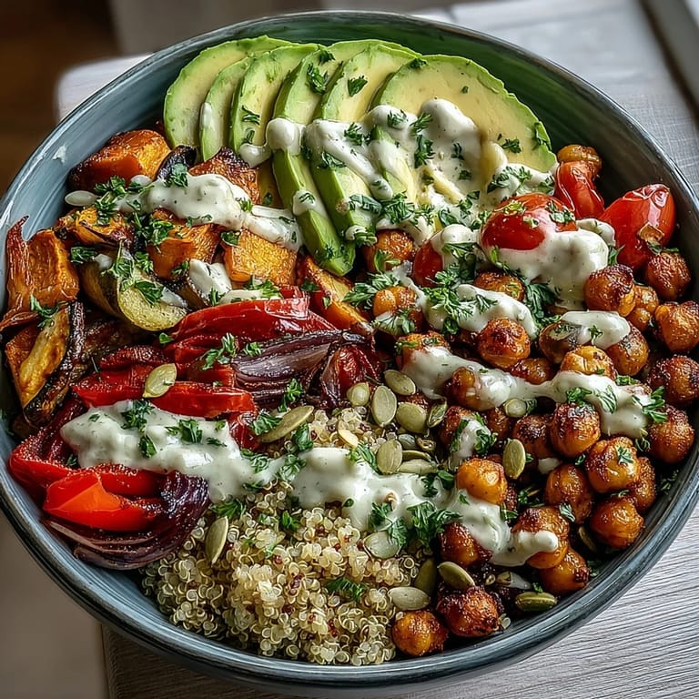 In a white bowl, fluffy quinoa and crisp avocado slices mix with golden roasted veggies in this Chickpea Power Bowl.