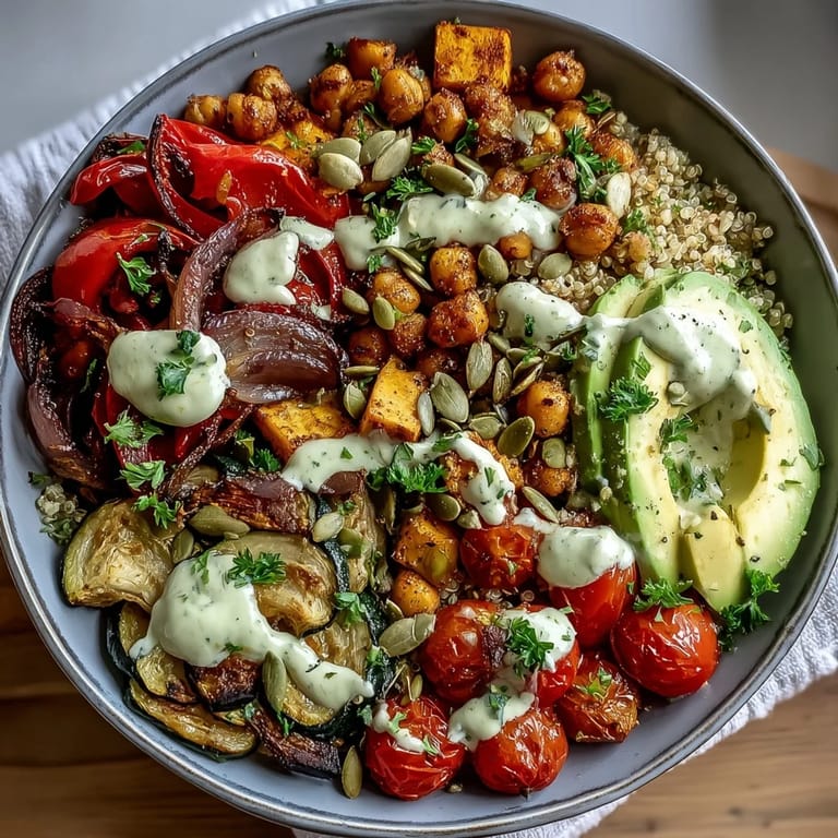 Overhead view of a vibrant Chickpea Power Bowl with chickpeas, roasted sweet potatoes, and fresh parsley.