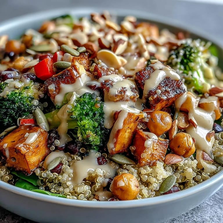 Drizzled tahini dressing over a vibrant Meal Prep Week-Long Power Bowl with beans and seeds.