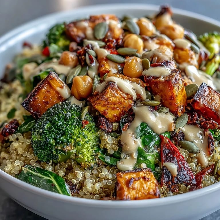 Ready to eat Meal Prep Week-Long Power Bowl featuring fluffy quinoa and colorful roasted vegetables.
