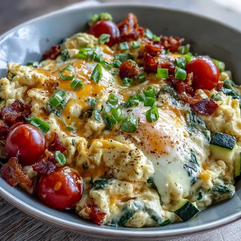 Colorful seasonal vegetables and bright green onions garnish this hearty vegetarian Scrambled Egg and Veggie Bowl.