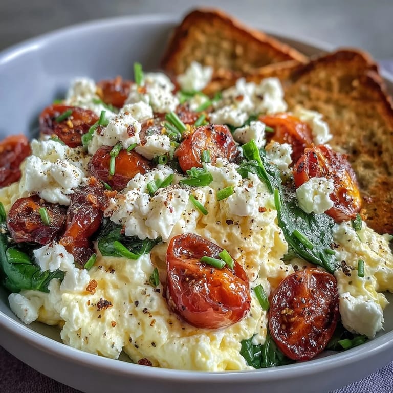 A vibrant Mediterranean-inspired Spinach and Feta Breakfast Bowl with creamy eggs, juicy cherry tomatoes, and hearty whole grain bread on the side.