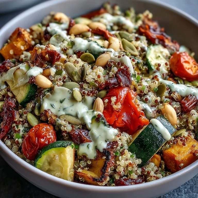 Close-up of a homemade Veggie and Quinoa Power Bowl featuring fluffy quinoa, crunchy almonds, and fresh cherry tomatoes for a healthy meal.