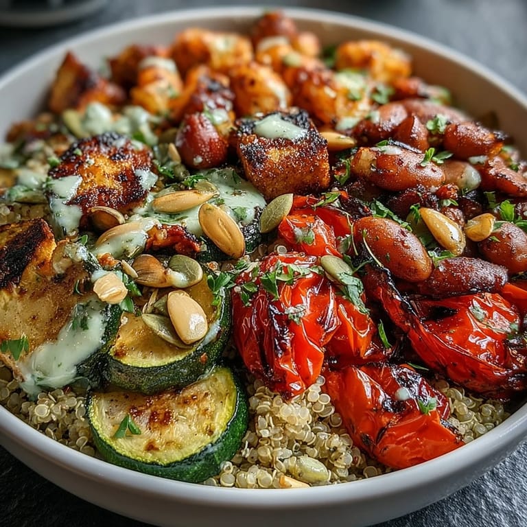 Healthy Veggie and Quinoa Power Bowl served as a complete vegetarian dinner, showcasing golden roasted vegetables and vibrant pumpkin seeds.