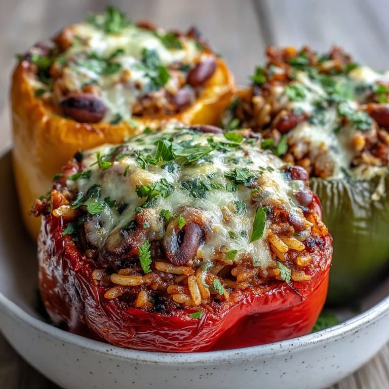A close-up of Black-Eyed Pea Stuffed Peppers revealing a savory filling of peas, rice, and fresh herbs.