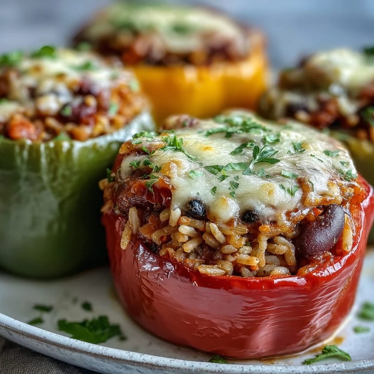 Freshly baked Black-Eyed Pea Stuffed Peppers served warm, garnished with parsley and ready to enjoy.
