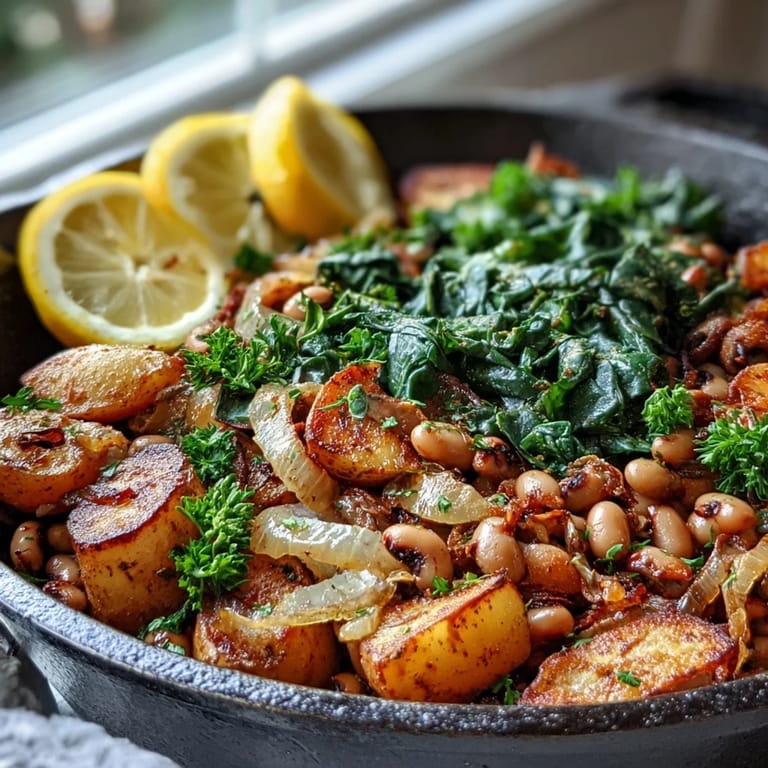 A finished Black-Eyed Pea Skillet Dinner garnished with fresh parsley and lemon wedges for a bright finish.