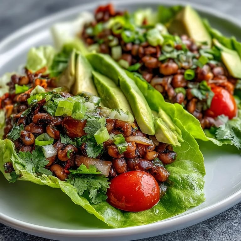 Freshly made Black-Eyed Pea Lettuce Wraps served as a light, protein-packed appetizer with vibrant red bell pepper and herbs.