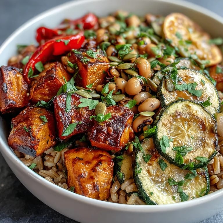 A vibrant Black-Eyed Pea Grain Bowl ready to serve, featuring roasted vegetables, fluffy farro, and a lemon wedge on the side.