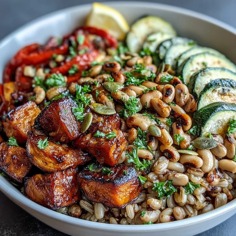 Close-up of a hearty Black-Eyed Pea Grain Bowl with colorful roasted veggies, fresh cilantro, and feta crumbles over warm grains.