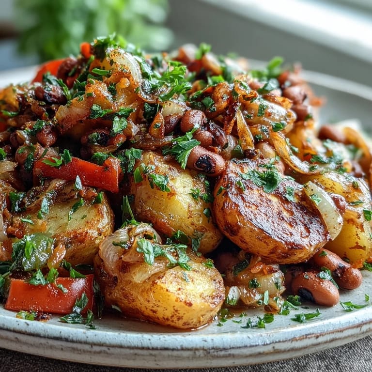 A hearty Southern American breakfast hash with tender black-eyed peas and sautéed onions served hot in a skillet.