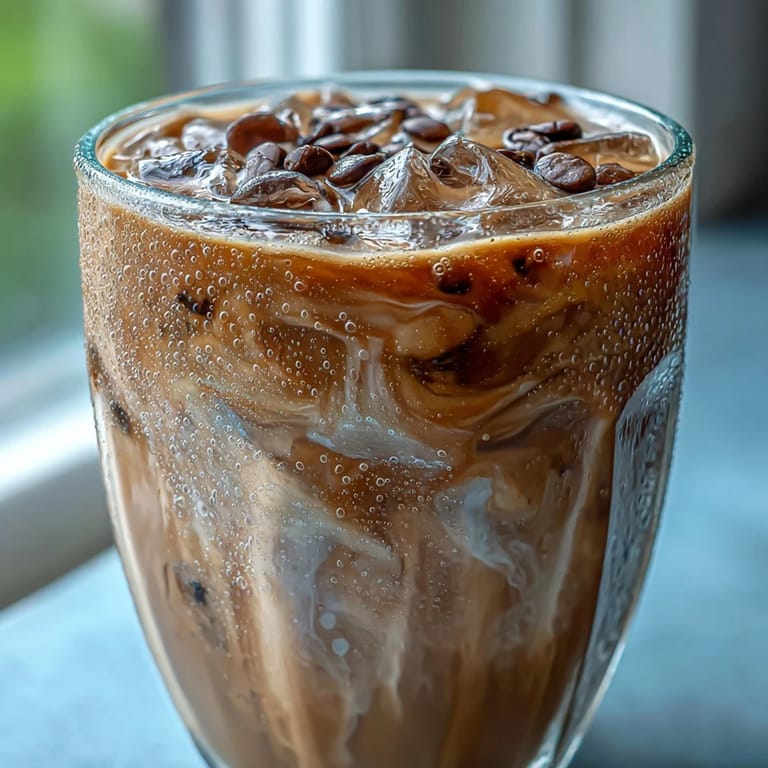 Stirring a glass of Iced Hojicha Latte showing the rich brown layers of tea and milk over ice.