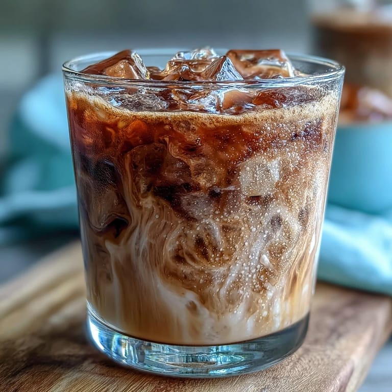 A single serving of Iced Hojicha Latte garnished with a cinnamon stick next to a pitcher of milk.