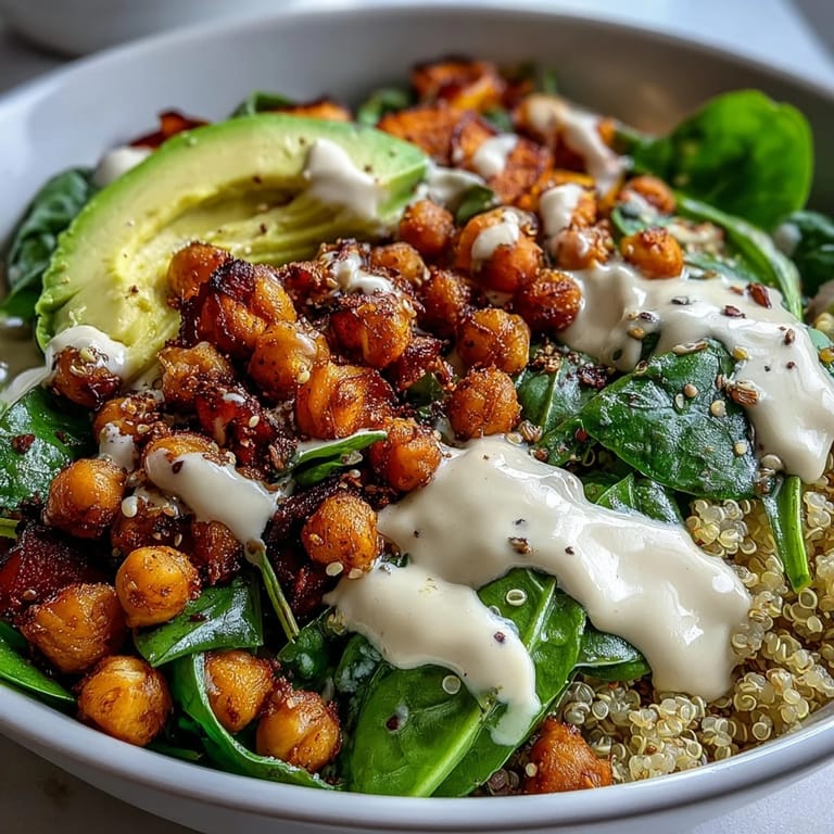 A wholesome Anti-Inflammatory Glow Bowl features golden roasted sweet potatoes, fresh avocado slices, and spiced chickpeas, all drizzled with rich tahini yogurt dressing for a nutritious meal.