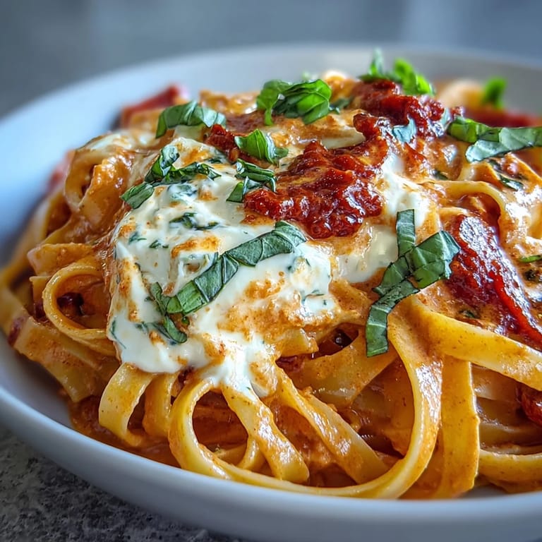 Steaming bowl of Creamy Red Pepper Pasta with Burrata & Herbs, garnished with basil, paired with Pinot Grigio for guests.