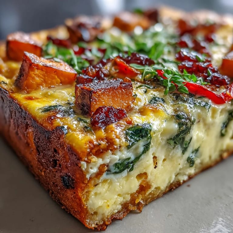 A hearty slice of Easy Sweet Potato Egg Casserole showing fluffy eggs and vibrant spinach, bell peppers, and sweet potatoes.