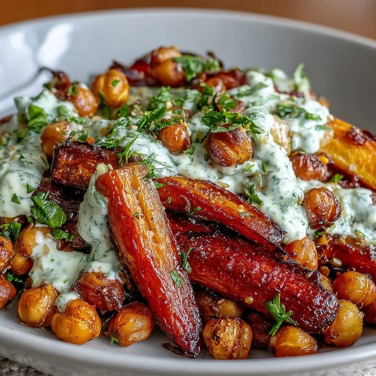Golden, caramelized vegetables in a One-Pan Roasted Carrot and Chickpea Bowl garnished with herbs and lemon-tahini dressing.