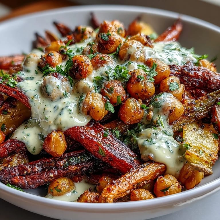 A vibrant One-Pan Roasted Carrot and Chickpea Bowl with crispy chickpeas, fluffy quinoa, and a drizzle of tahini sauce.