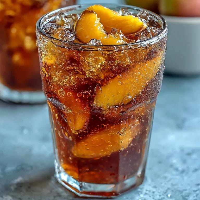 Homemade mango iced tea is served over ice cubes with a vivid orange hue and fresh fruit garnish.