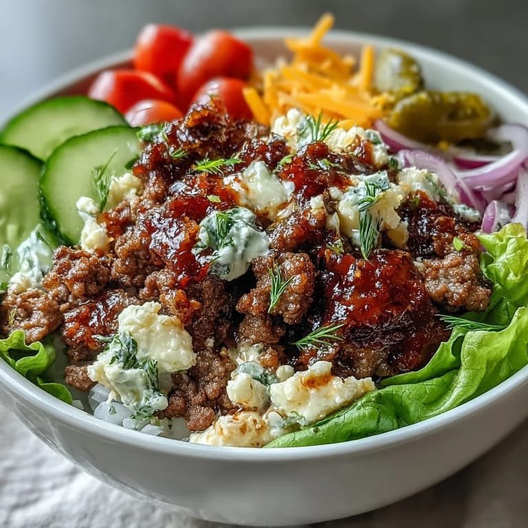 High-Protein Cheeseburger Bowls served in a glass meal prep container with ground beef, cherry tomatoes, pickles, onions, and melted cheddar.