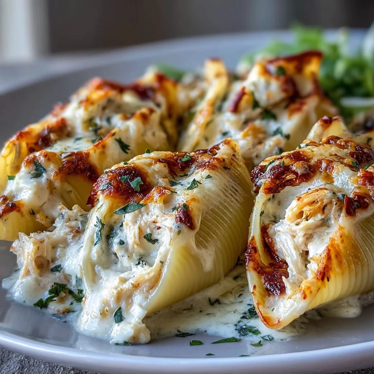 Overhead view of Creamy Seafood Stuffed Shells, a perfect main dish for a special dinner.