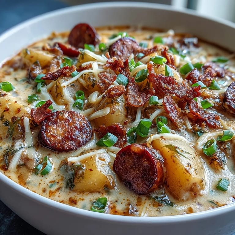 Close-up of Creamy Cajun Potato Soup with Andouille Sausage garnished with fresh chives, ready to serve with crusty bread.