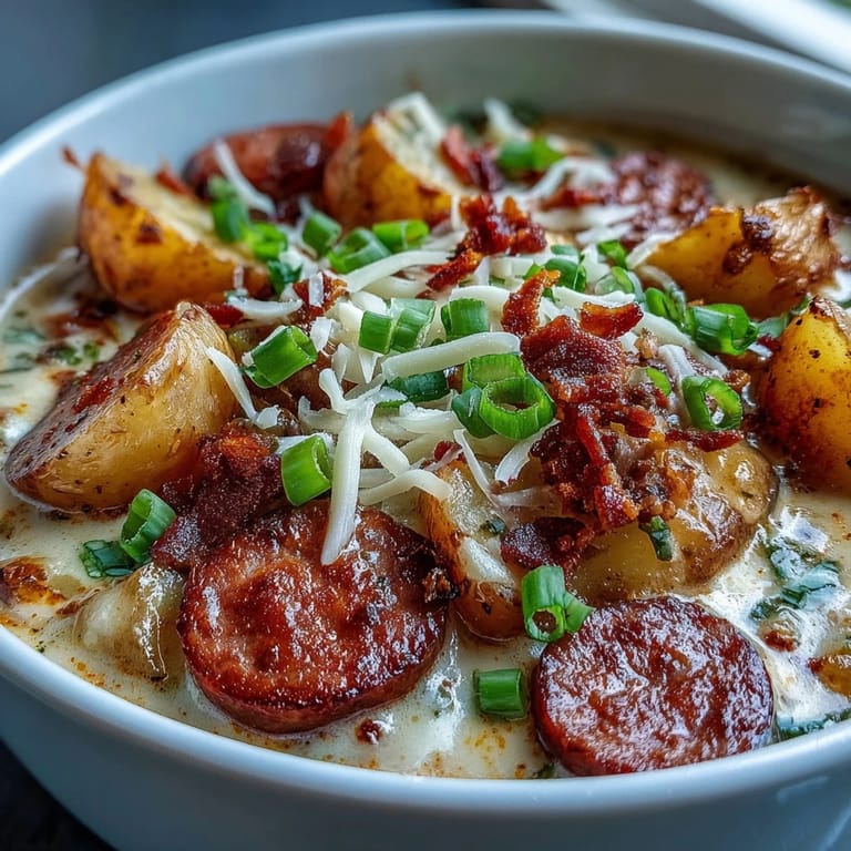 Ladle of Creamy Cajun Potato Soup with Andouille Sausage shows a rich, creamy broth with red potatoes and spicy sausage chunks.