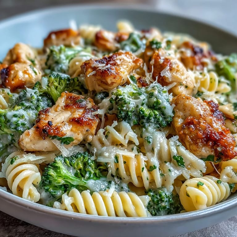 Tender chicken pieces and bright green broccoli florets mixed into cheesy pasta noodles.